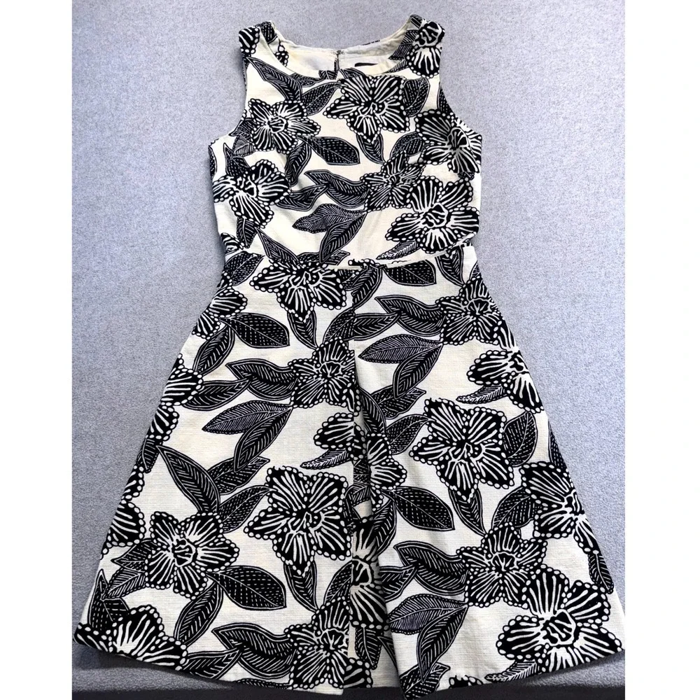 J Crew Fit And Flare Dress Womens 00 Black Cream/Yellow Floral Cutout Classic